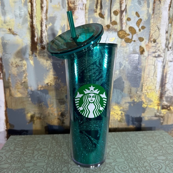 Starbucks Other - Starbucks Green Glitter Tropical Swirl Acrylic Cold Cup Tumbler